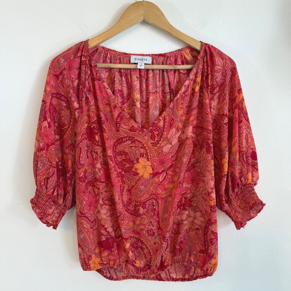Evereve Camryn V Neck Gathered Sleeve Paisley Semi Sheer Blouse Red Pink Boho S